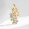 Broche de Flor de Osmanthus con Rama Dorada y Circonita de Diamante Completo Estilo Coreano Moda Otoñal Joyería Nueva para Mujer