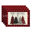 Mantel Individual Rectangular Navideño Americano Árbol de Navidad Pintado a Mano Camión Rojo Cascanueces Estampado Poliéster Aislamiento Térmico Mantel de Mesa