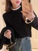 Camisa de terciopelo alemán de otoño e invierno con costuras de encaje, cuello semialto, manga larga interior, diseño de base de nicho con sentido