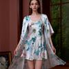 Terno de camisola estampado transfronteiriço feminino, verão, sexy, gelo, seda, manga média, plus size, roupão de seda, vestido de noiva, atacado, fabricantes