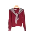 Estilo Coreano Outono e Inverno Novo Doce Redutor de Idade Simples Azul Marinho Estilo Academia Gola Xale Colorida Contrastante Pequeno Cardigã de Tricô para Mulheres