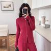 Conjunto de Malha com Zíper Temperamento 2025 Outono e Inverno Novo Cor Pura Slim Malha Casual Calças Largas Conjunto de Duas Peças