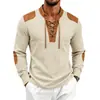 Camiseta henley casual holgada retro de punto gofrado para hombre de comercio exterior transfronterizo europeo y americano, primavera y otoño, de manga larga con cordón medieval