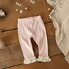 Calça Comprida Nervurada Vazada Estilo Ins de Verão para Bebês e Crianças Pequenas, com Barra Flare e Acabamento em Renda Flor de Ameixa para Passeios de Princesa de Meninas