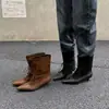 Botines de retazos de piel y gamuza para mujer, nuevo estilo otoño e invierno, botines cortos de punta fina con tacón de gatito y cordones, piel genuina