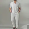 Conjunto de Traje para Hombre de Color Sólido con Cuello Waffle de Manga Corta y Cremallera con Pantalones Largos - Nuevo Europeo y Americano Transfronterizo Primavera y Otoño 2026