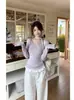 Camiseta de Manga Larga Estilo Puro Deseo Cuello Chal para Mujer Primavera Diseño de Nicho Sentido del Estilo Correa Falsa de Dos Piezas Chic Top Interior
