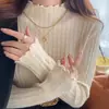 Camisa Base Feminina Outono Inverno Roupa Íntima 2024 Nova Gola Alta Meia Gola Borda Franzida Tricô Manga Longa Suéter Top