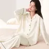 Pijama atacado de manga longa e calça longa para mulheres, novo tecido de algodão stretch de outono, cardigã masculino com gola de lapela, roupa para casa para casais
