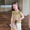 Colete Estilo Boneca Doce com Gola de Renda para Meninas Elmo Beibei Verão Infantil Estilo Coreano Top Curto Sem Manga Xadrez