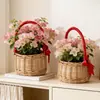 Cesta de Florero Roja de Mimbre Portátil Transfronteriza, Cesta de Ratán, Cesta de Empaque para Tienda de Regalos Souvenir, Cesta para Arreglo Floral de Floristería del Día del Niño