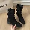 Botas Melard plisadas apiladas con tacones gruesos, gamuza adelgazante, nuevas de otoño/invierno 2026 de tacón alto, por debajo de la rodilla, botas vaqueras con hebilla de cinturón
