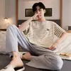 Pijama casual para hombre de manga corta y pantalón largo para verano, primavera y otoño, jersey de imitación de algodón, conjunto deportivo holgado estilo coreano, moderno