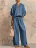 2026 Verano Nuevo Moda Casual Cruzada Europea y Americana para Mujer Holgado Color Sólido Cremallera Cuello Redondo Pantalones de Pierna Ancha Conjunto para Mujer