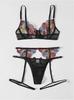 Fornecimento transfronteiriço Europa e Estados Unidos comércio exterior lingerie sexy mulheres sexy bordado impressão perspectiva oca cueca cueca três peças conjunto
