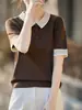 Elegante blusa de tricô com gola polo color block de manga curta para mulheres, novo modelo 2026, camiseta fina de tricô de lã