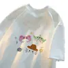 Camiseta feminina de manga curta com estampa de desenho animado fofo japonês em seda de leite, versátil para o verão, estilo loose, doce, manga meia-manga