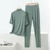 Conjunto de dos piezas de pijama y pantalón de modal ligero de verano, holgado, talla grande, ropa casual para el hogar para mujer