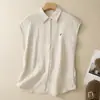 Foto real 2026 novo estilo sensação de respiração com oxigênio leve algodão e linho bordado camisa sem mangas estilo solto para o dia a dia top com manga bufante pequena