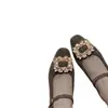 Versão em Couro~ Mesmo Estilo Fivela de Diamante Bico Quadrado Pequeno Forro de Veludo Tira Única Quente Emagrecedora Salto Grosso Sapatos Mary Jane para Mulheres Primavera e Outono