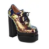Nuevos Zapatos Británicos de Primavera y Otoño para Mujer Escama de Pez Lentejuelas Cordones Boca Profunda de una Sola Capa Plataforma de Agua Tacón Grueso Tacones Altos Zapatos de Escenario