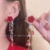 Brincos de Franja Veludo Vermelho Rosa Retrô Francês Super Fada Sem Piercing Presilhas de Orelha Novo Estilo Outono e Inverno 2024-