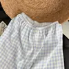 Pijama de Algodão Nuvem para Primavera e Outono Feminino, Conjunto Minimalista com Gola de Renda, Xadrez Azul Claro, Modelagem Solta, Tamanho Grande, Calça de Manga Longa, Roupa de Casa