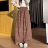 Calça Casual Xadrez Vintage Outono 2026 para Mulheres, Estilo Old Money, Versátil, Emagrecedora, Solta, Relaxada, Calça de Pernas Largas Curvas