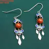 Pendientes de Plata de Ley Mariposa Pez Dorado Flor Pequeña Jade Azul Quemado Ágata Roja del Sur Cera de Abeja Pendientes de Estilo Étnico Vintage Desgastado