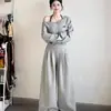 Elegante conjunto de duas peças para mulheres, ombro a ombro, manga longa, outono, estilo estudante, soltinho, modelador, moda coreana, calça de perna larga, casual, esportivo