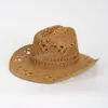 Sombrero de vaquero de paja natural tejido a mano, transpirable, con diseño calado para playa en verano, sombrero de jazz de ala ancha estilo americano europeo y americano