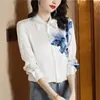 Camisa de Satín para Mujer Primavera Temprana 2026, Manga Larga, Diseño Único, Estilo Chino, Estampado de Tinta Retro, Camisa Blanca Pesada