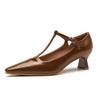 H686-5 Sapatos Mary Jane Femininos Retro Marrons Respiráveis de Salto Alto Bico Fino Novo Estilo Outono e Inverno com Sapatos de Saia