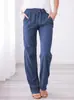 Pantalones Largos Casuales Holgados de Pierna Ancha con Cordón de Color Sólido de Algodón y Lino para Mujer Estación Independiente Pantalones de Pierna Ancha de Comercio Exterior