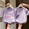 Camiseta de moda de algodón puro para niñas de manga corta, nueva colección 2026, estampado de dibujos animados, top para niñas, camiseta de media manga para niños