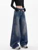 Jeans Ripped Retro Americano Scimitar para Mulheres, Design Outono e Verão, Calças de Pierna Larga Sickle Soltas e Emagrecedoras Comprimento Total