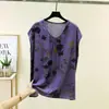 Ropa de Verano para Madres Nuevas Algodón Seda Cuello V Manga Corta Estampada Camiseta Suelta Casual para Mujer Capa Base Rayón