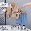 Nuevo Traje de Manga Corta con Logo de Cabeza de Oso Tridimensional de Raya Vertical Traje de Manga Corta de Verano para Niños Traje para Bebés Niños