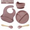 Juego de 5 piezas de juegos de vajilla para niños, platos de cena de silicona integrados, baberos para bebé, tazones para comida, cucharas y tenedores, vajilla para alimentación materna e infantil