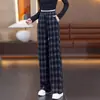 Pantalones de cuadros azul marino de pierna ancha hechos a medida para mujer para primavera y otoño, de cintura alta, con cordón, fluidos, holgados, corte recto, a cuadros vintage, de largo hasta el suelo