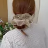 Scrunchie de tule perolado cor de champanhe estilo francês, leve e semitransparente, versátil para o trabalho e encontros, um acessório de cabelo versátil para mulheres