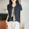 Top de punto para mujer de manga corta con cuello en V, tejido de bambú y lino de 14 puntos, con diseño de corbata en el escote, adecuado para primavera y verano, versátil y elegante, venta al por mayor