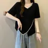 Camiseta Versátil de Manga Corta con Diseño de Cuello en V, Empalme Irregular con Cinta de Lentejuelas, Corte Holgado, Nuevo Estilo 2026, Tallas Grandes