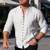 2026 Primavera/Otoño Transfronterizo Lino Americano Resort Casual Exterior Camisa Henley para Hombre Manga Larga con Múltiples Botones Cuello Alto Corte Holgado