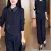 Conjunto de Moda para Mujer Otoño Nuevo Estilo Elegante Parece Dos Piezas Camisa de Manga Larga con Retazos Rayados Pantalones de Pierna Ancha Conjunto de Dos Piezas