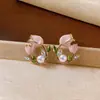 Pendientes de Flor de Tulipán con Goteo de Aceite de Circonita y Aguja de Plata, Pendientes de Verano Románticos Dulces, Pendientes de Alta Gama para Mujer