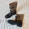 Versión de Piel de Vaca~Estilo Británico Retro Puntera Redonda de Moda Empalmadas Piernas Delgadas Botas de Jinete para Mujer con Hebilla de Cinturón y Tacón Grueso Botas de Media Caña