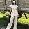 Conjunto de Terno de Cetim Vendido Quente Transfronteiriço para Mulheres Colete Acinturado com Cadarço Calças de Pernas Largas Conjunto Casual de Duas Peças