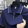 Camiseta de manga corta para hombre de seda helada con cuello marinero, nueva de verano, tacto fresco, casual de negocios, transpirable, color liso, polo de media manga
