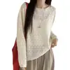 Top de ganchillo hueco suave y delicado para mujer, estilo fino de otoño, holgado y casual, color liso suave, jersey de cuello redondo